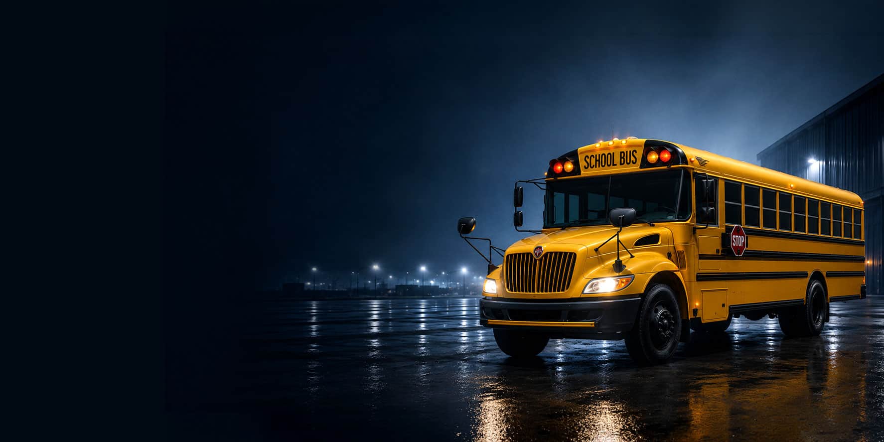 Yellow school bus with stop sign extended at night on wet pavement