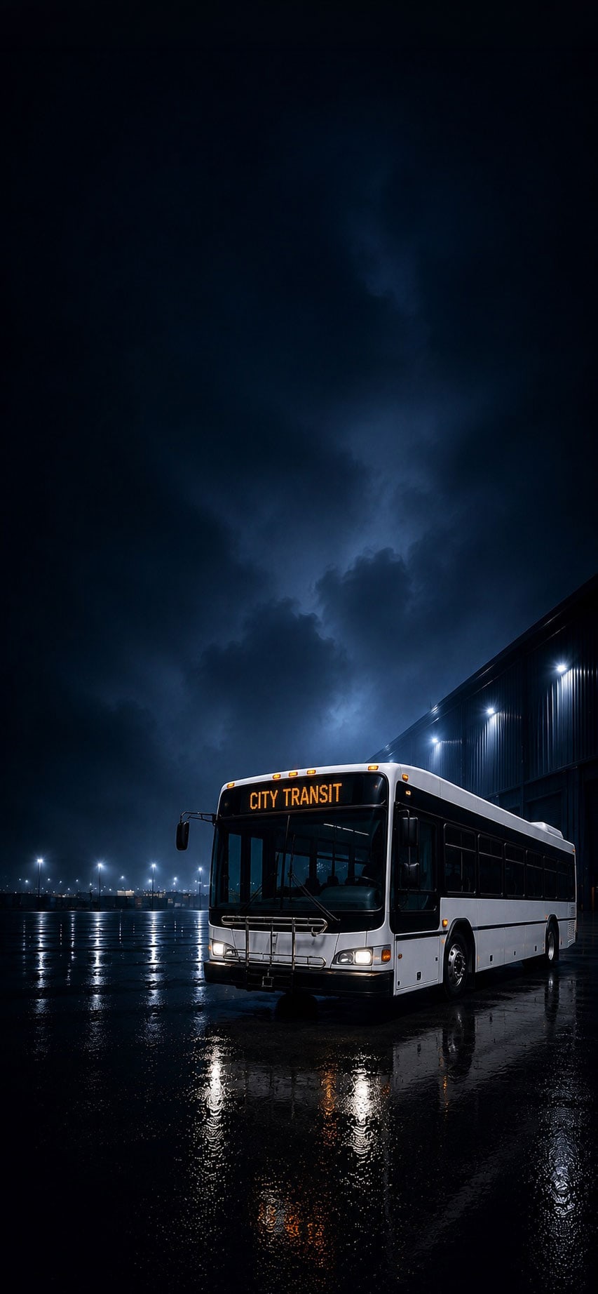 White transit bus at night beside an industrial building on wet pavement