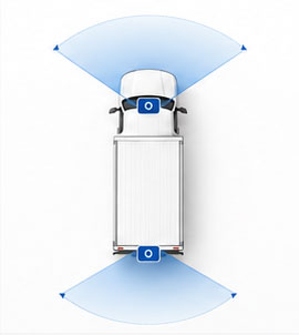 Top-down commercial vehicle showing front and rear camera coverage