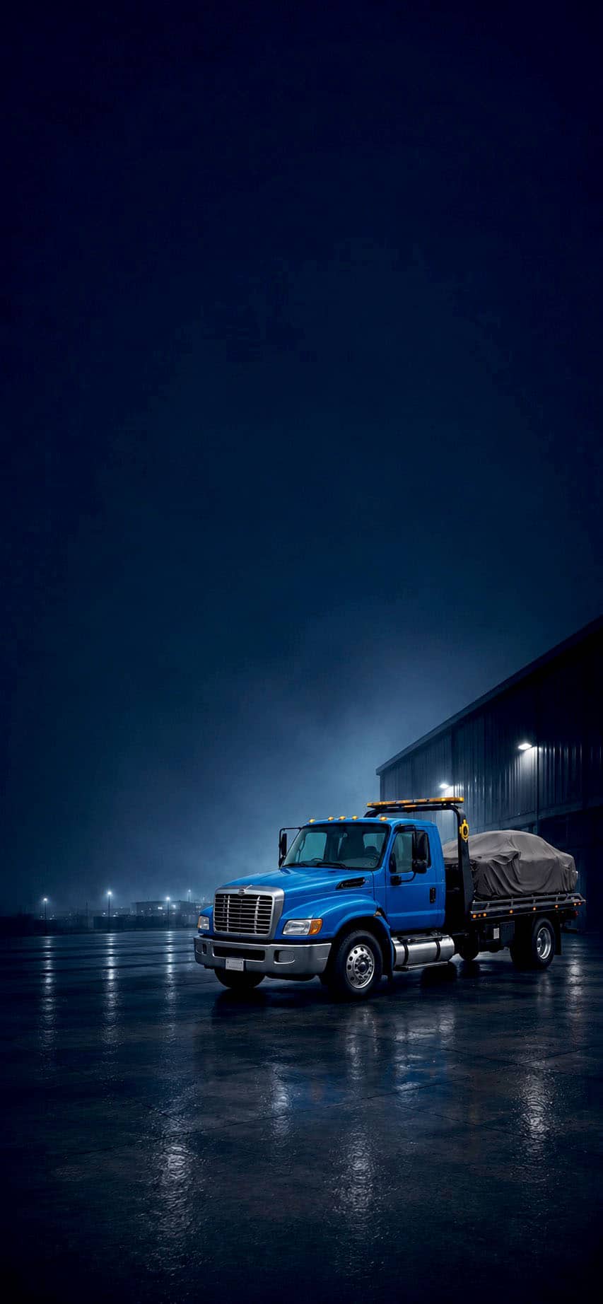 Blue rollback tow truck in a dark industrial lot at night