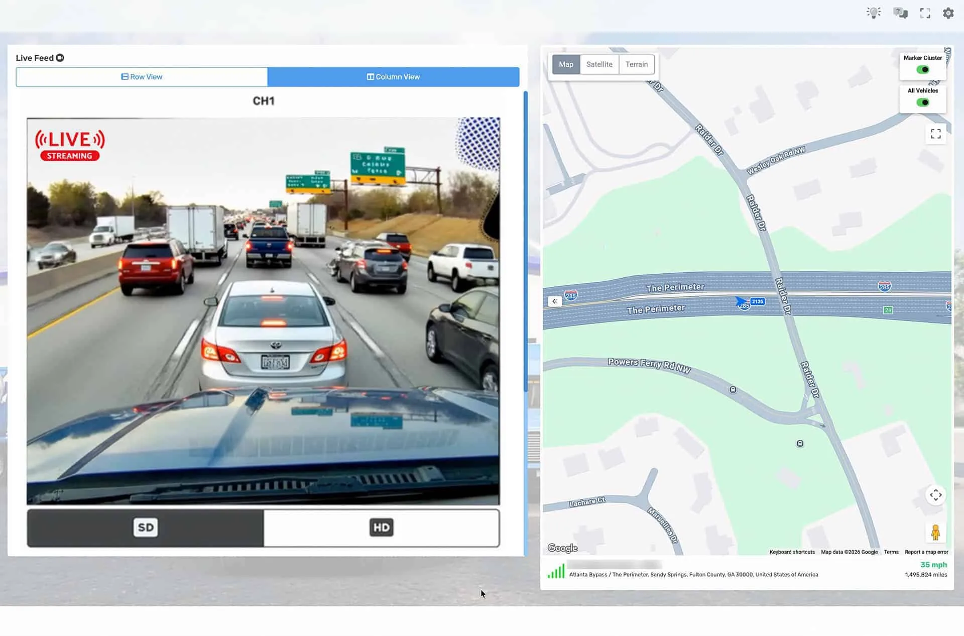 Live streaming dash cam view from a commercial vehicle accessed remotely through the skEYElite mobile app
