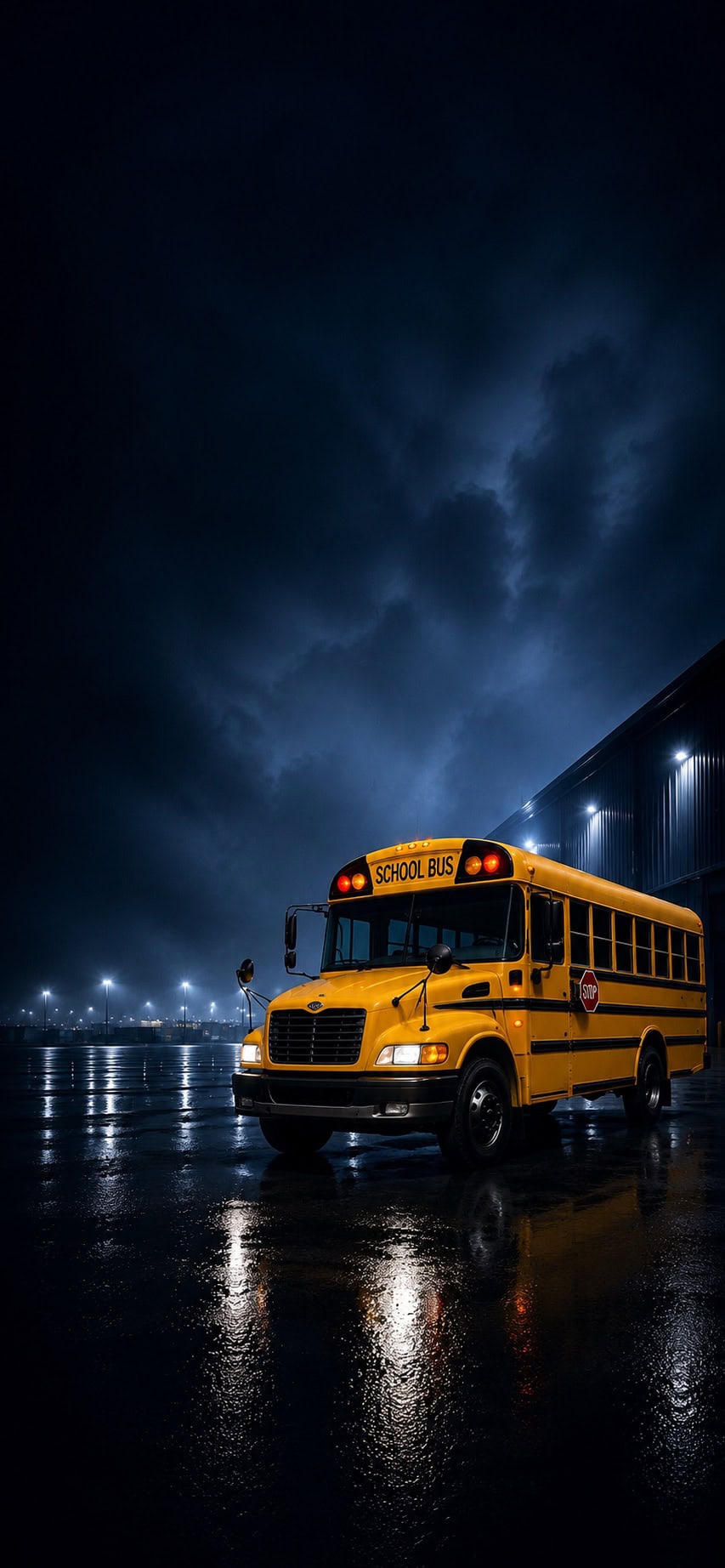 Yellow school bus with stop sign extended at night on wet pavement