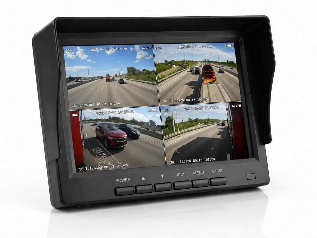 In-cab vehicle camera monitor showing live multi-camera fleet view