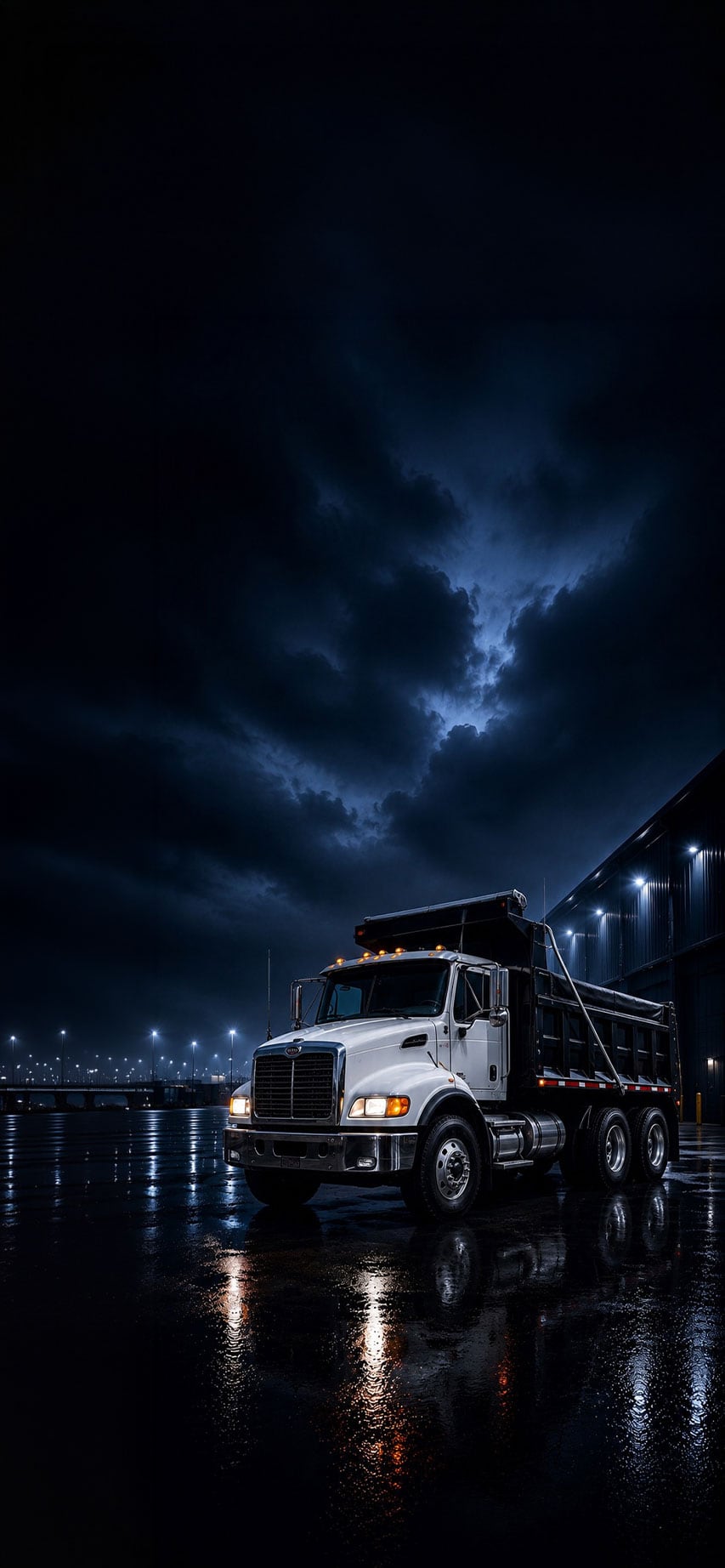 White dump truck under stormy night sky on wet pavement